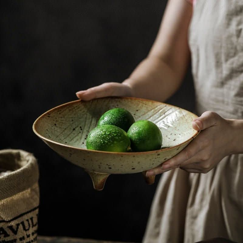 Tripod Stoneware Fruit Plate with three limes, earthy tones, handcrafted home decor